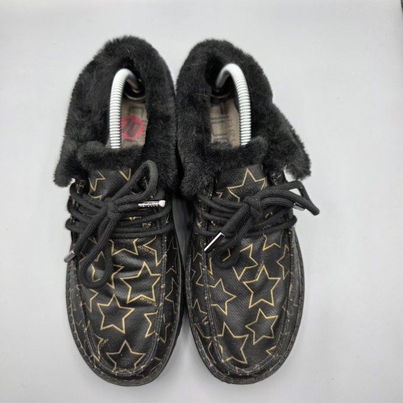 Hey Dude Britt Booties Womens 10 Starry Black Gold Faux Fur Lined Flat Comfort - Picture 4 of 13